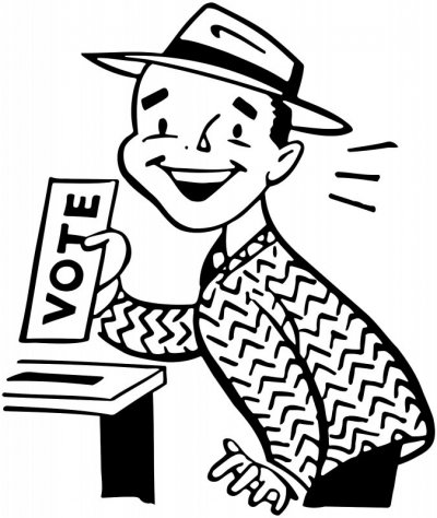 Rysunek przedstawiający mężczyznę wrzucającego głos do urny wyborczej