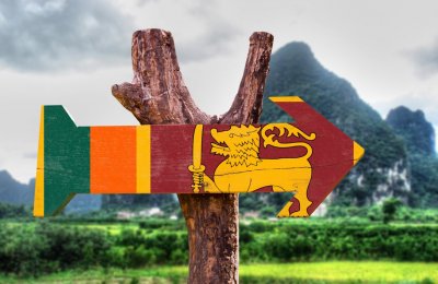 Drewniany znak w kształcie strzałki z flagą Sri Lanki